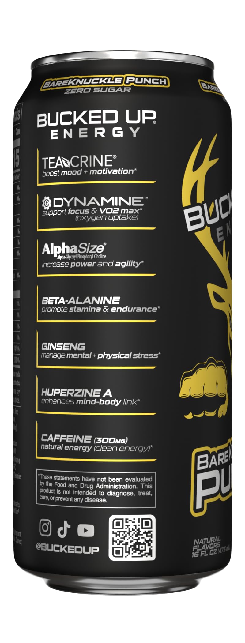 Bucked Up can in hand demonstrating 16 fl oz scale and portable energy boost