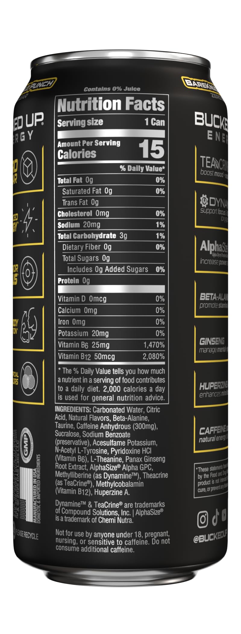 Bucked Up side label close-up highlighting ingredients and zero sugar nutrition benefits