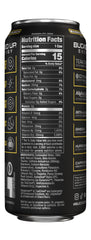 Bucked Up side label close-up highlighting ingredients and zero sugar nutrition benefits