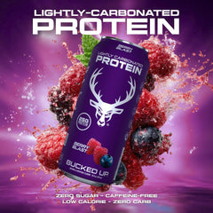 Bucked Up angled can emphasizing ingredient panel and branding benefit: easy ingredient review