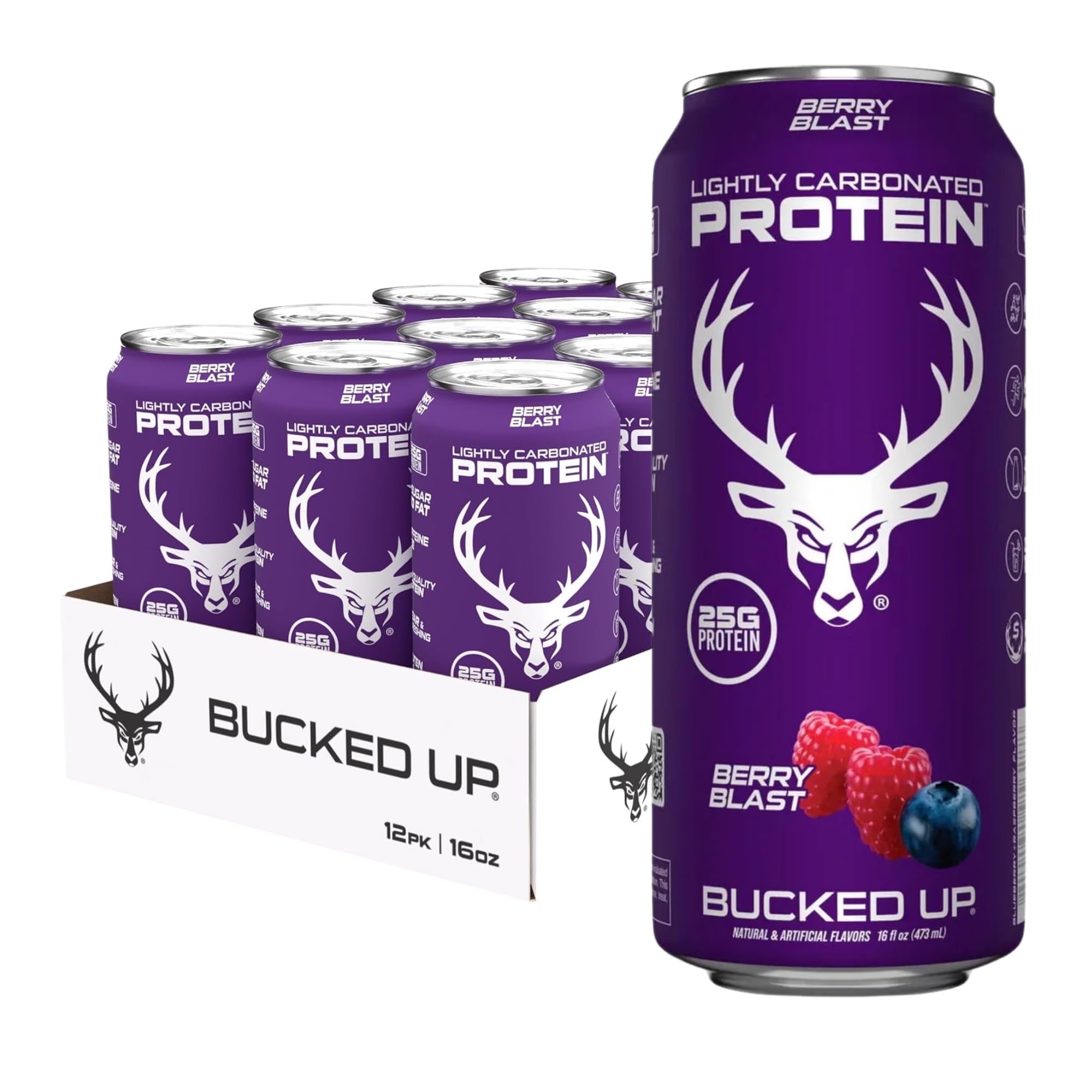 Bucked Up front can showing Berry Blast label and protein facts benefit: clear protein dose
