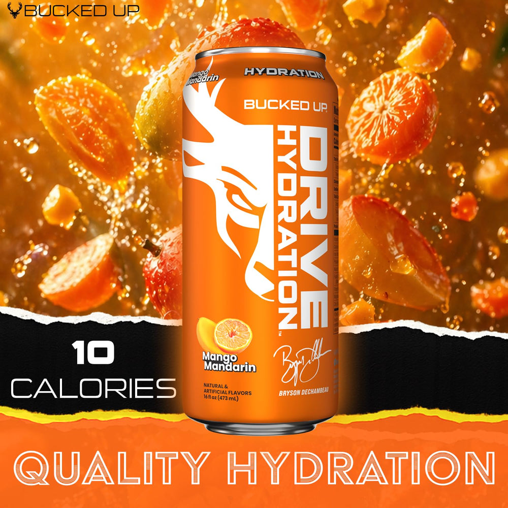 Bucked Up can next to hand showing 16 fl oz scale and convenient portion benefit