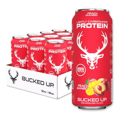 Bucked Up front can showing Peach Mango flavor and clear protein soda benefit
