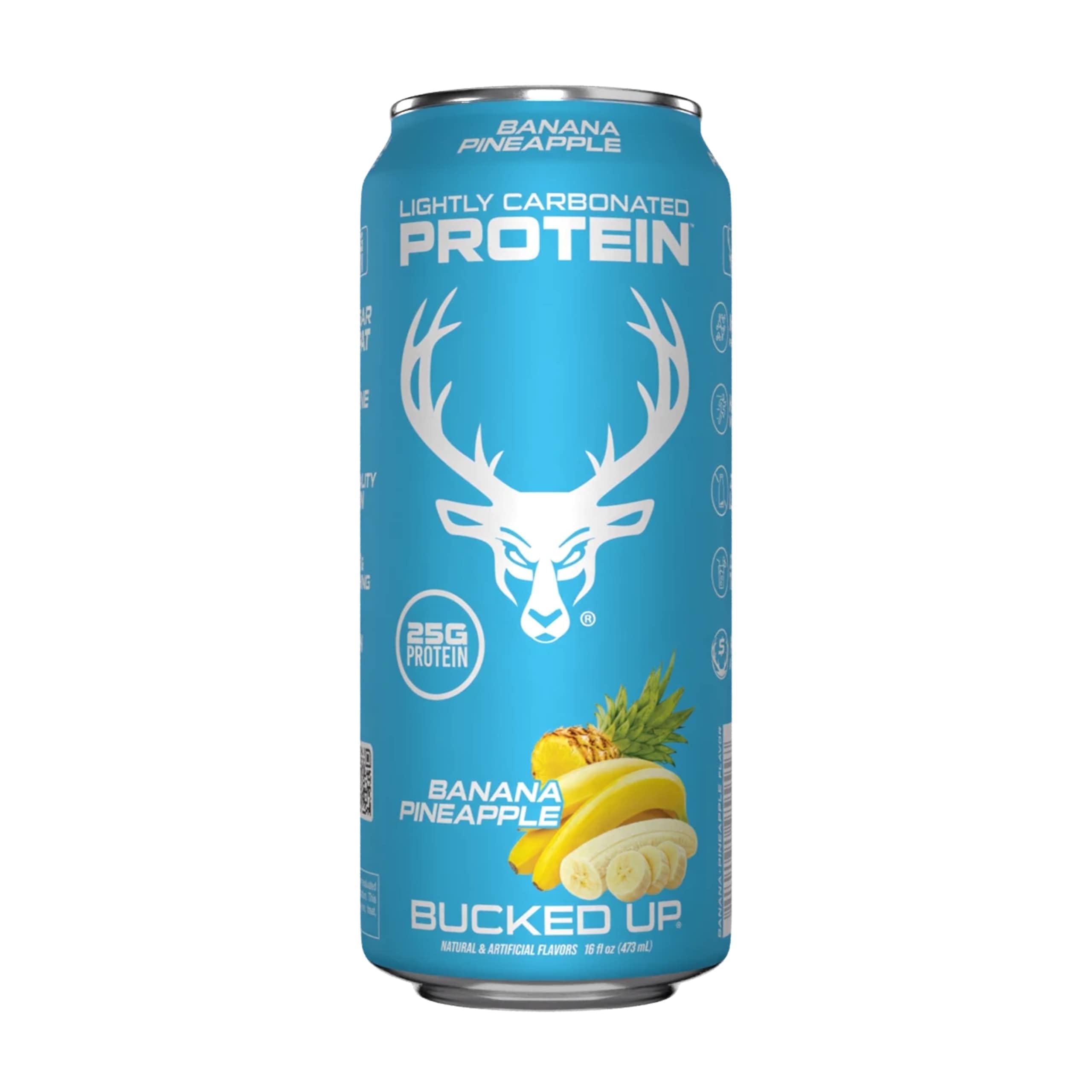 Bucked Up front packaging showing banana pineapple cans and convenience