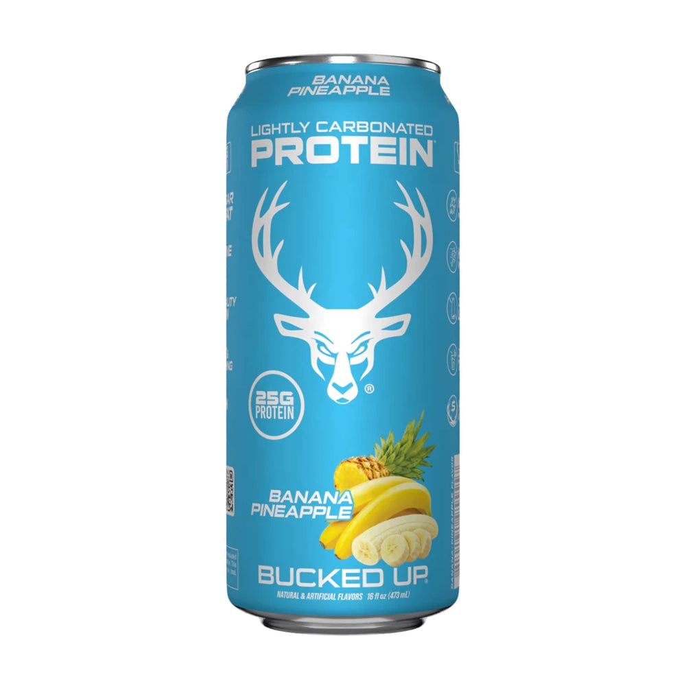Bucked Up front packaging showing banana pineapple cans and convenience
