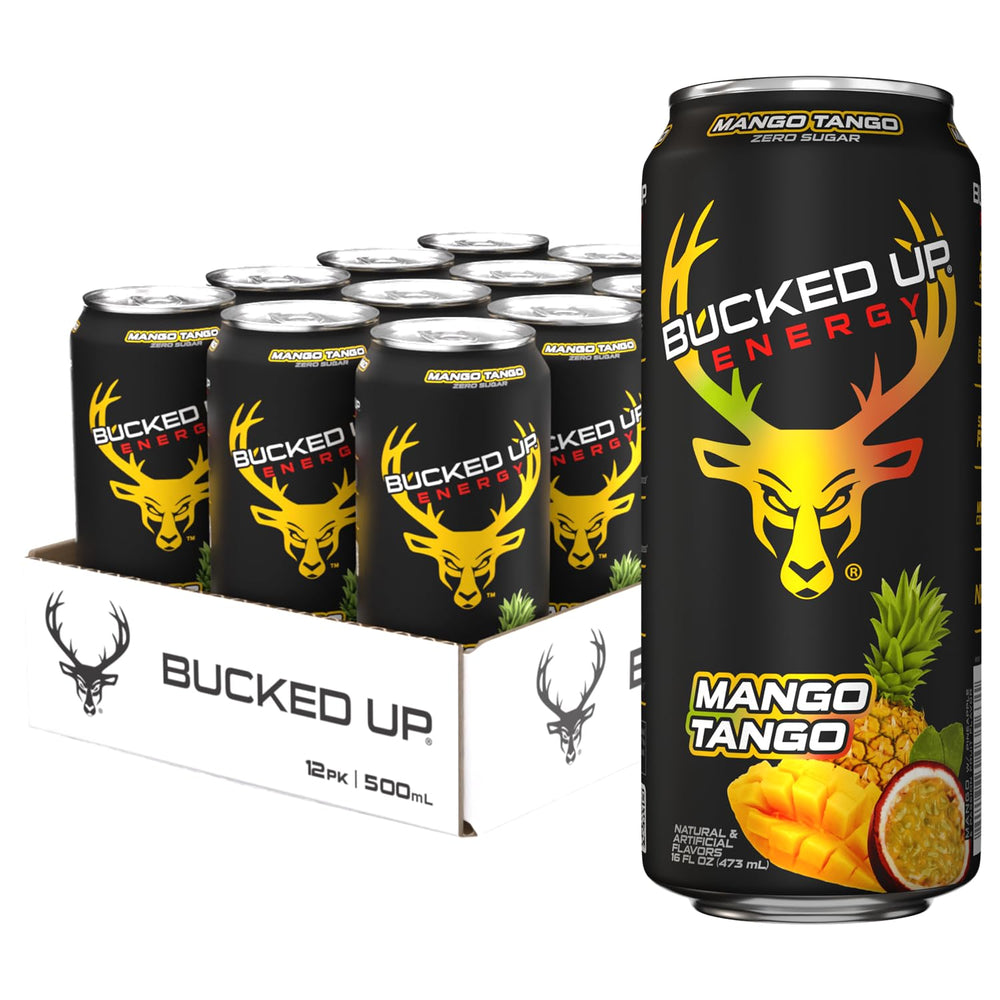 Bucked Up front can view showing Mango Tango flavor and bold design for visual appeal