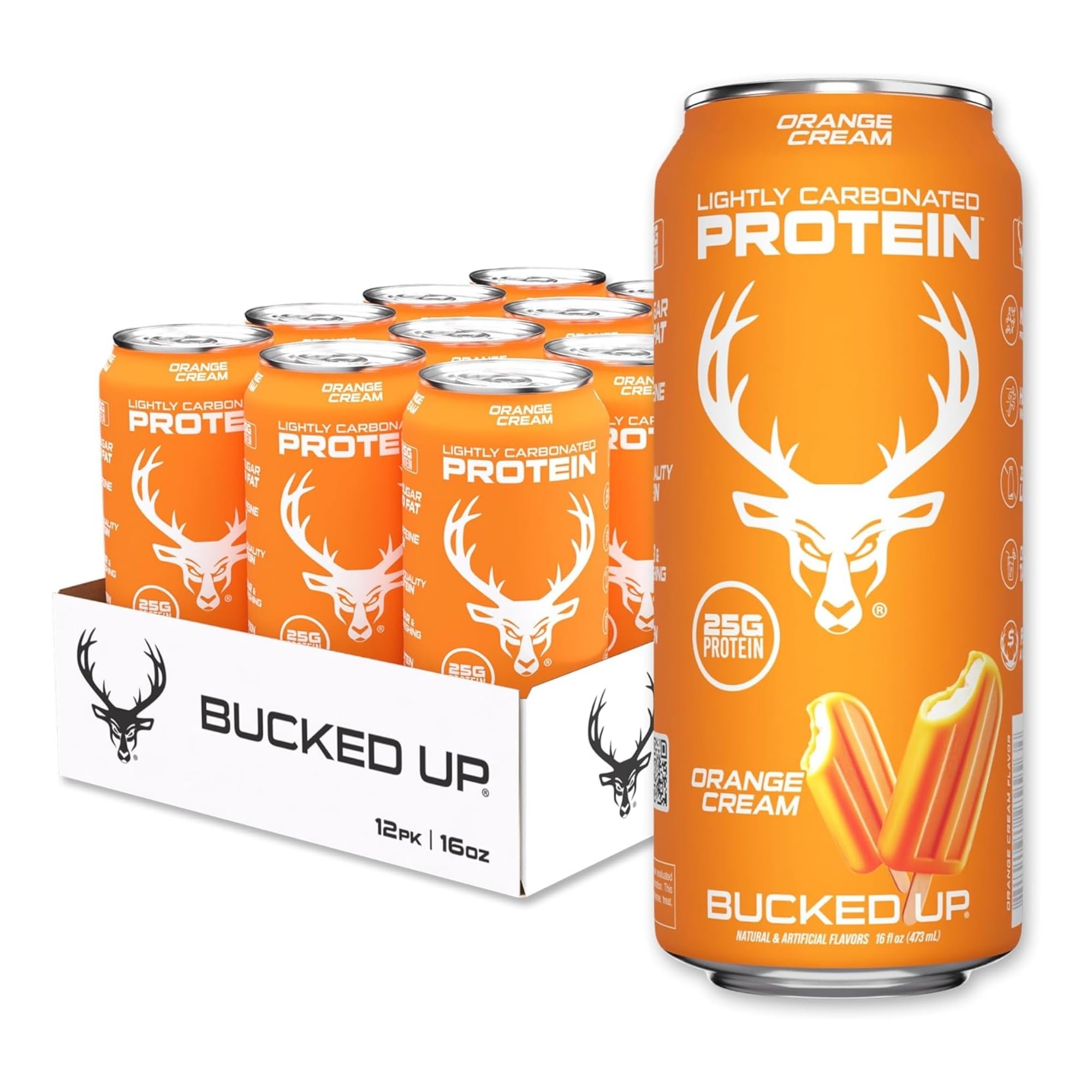 Bucked Up front can view showing Orange Cream flavor and high protein benefit
