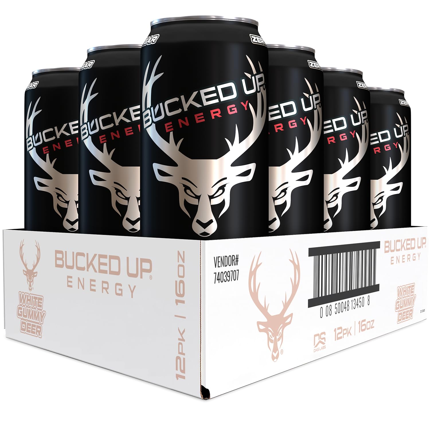 Bucked Up front can showing White Gummy Deer flavor and bold caffeine benefit