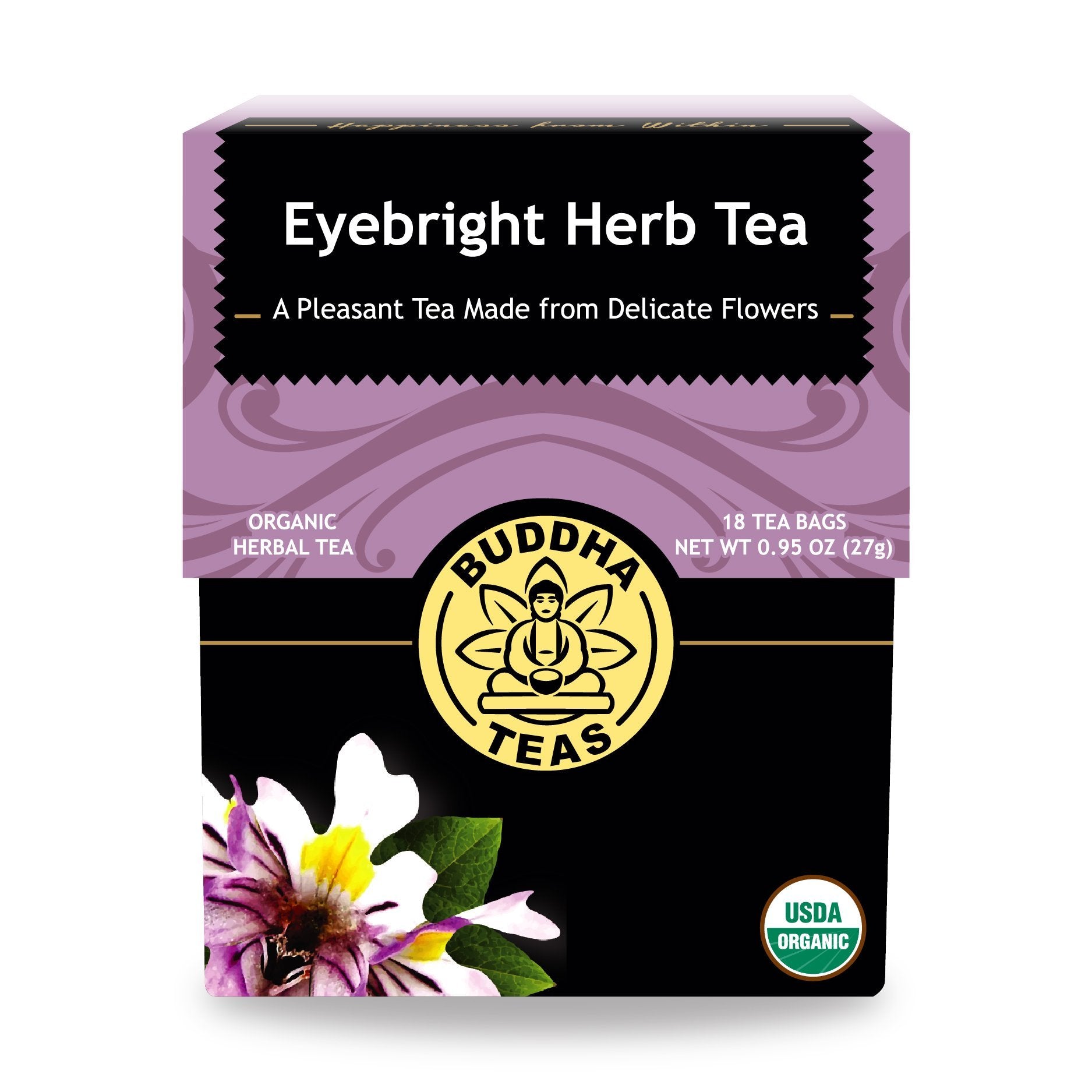 Buddha Teas front packaging showing organic eyebright leaves and clean branding benefit clarity