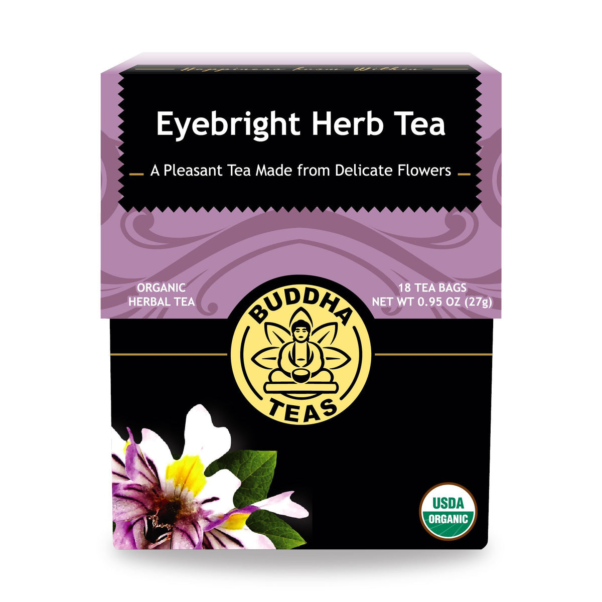 Buddha Teas front packaging showing organic eyebright leaves and clean branding benefit clarity