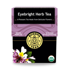 Buddha Teas front packaging showing organic eyebright leaves and clean branding benefit clarity