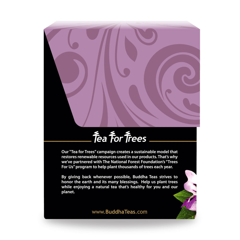 Buddha Teas tea bag steeping in cup demonstrating easy brewing and gentle flavor