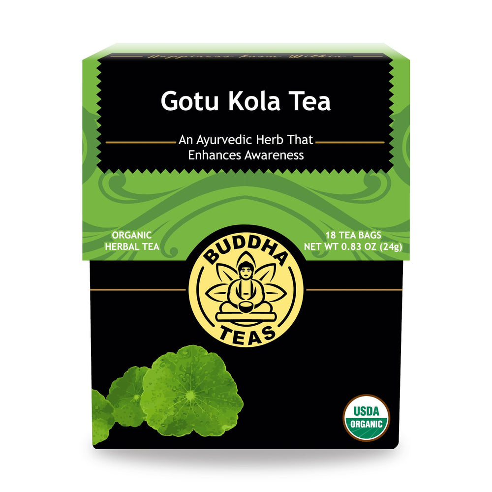 Buddha Teas gotu kola front packaging showing organic label and benefits