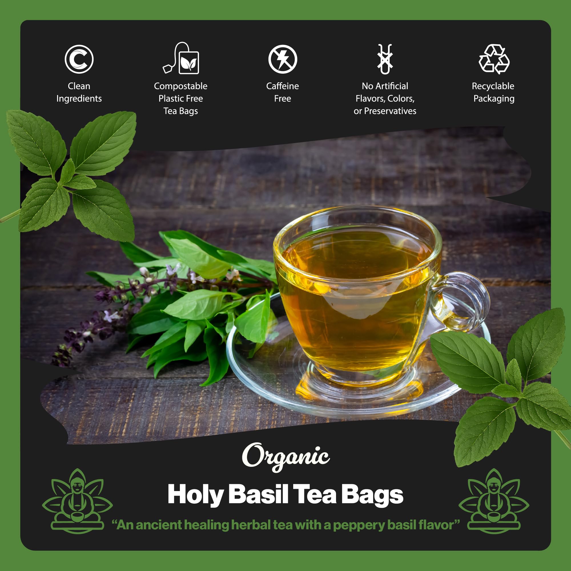 Buddha Teas brewed cup of Holy Basil tea illustrating warm aroma benefit relaxation