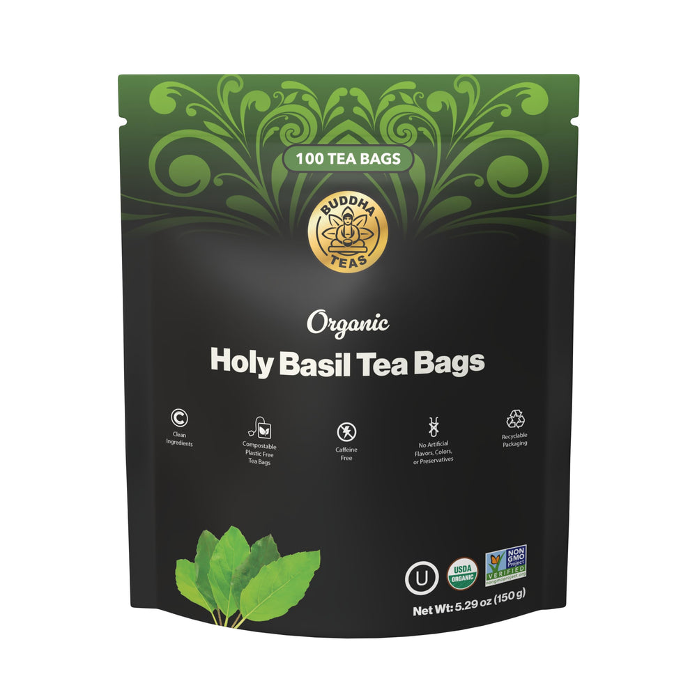 Buddha Teas front packaging showing 100-count box and organic label benefit convenience