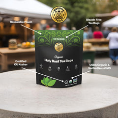 Buddha Teas texture of dried tulsi leaves showing natural ingredients benefit freshness