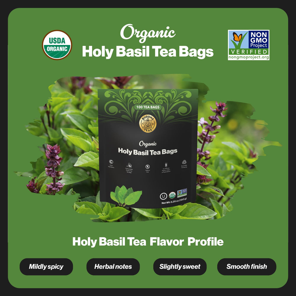Buddha Teas size comparison with 100 tea bags demonstrating long-lasting supply benefit