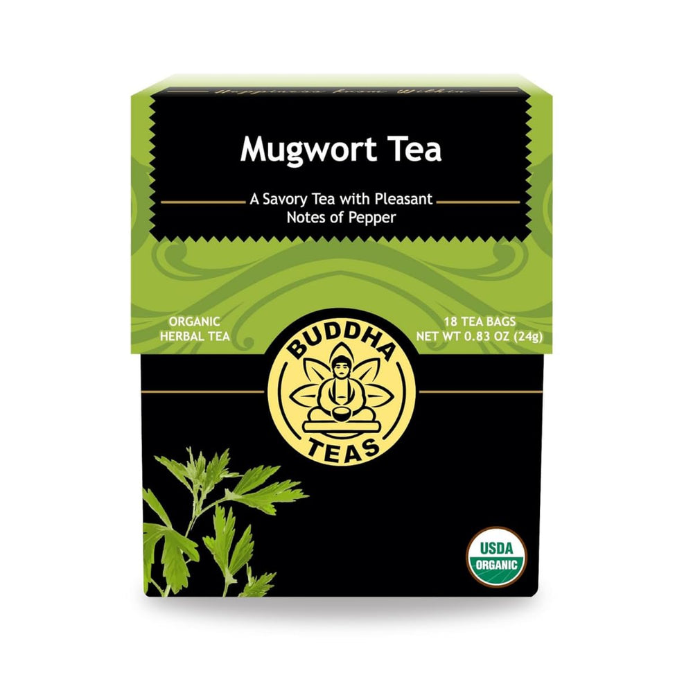 Buddha Teas front packaging showing organic mugwort and benefits