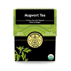 Buddha Teas front packaging showing organic mugwort and benefits