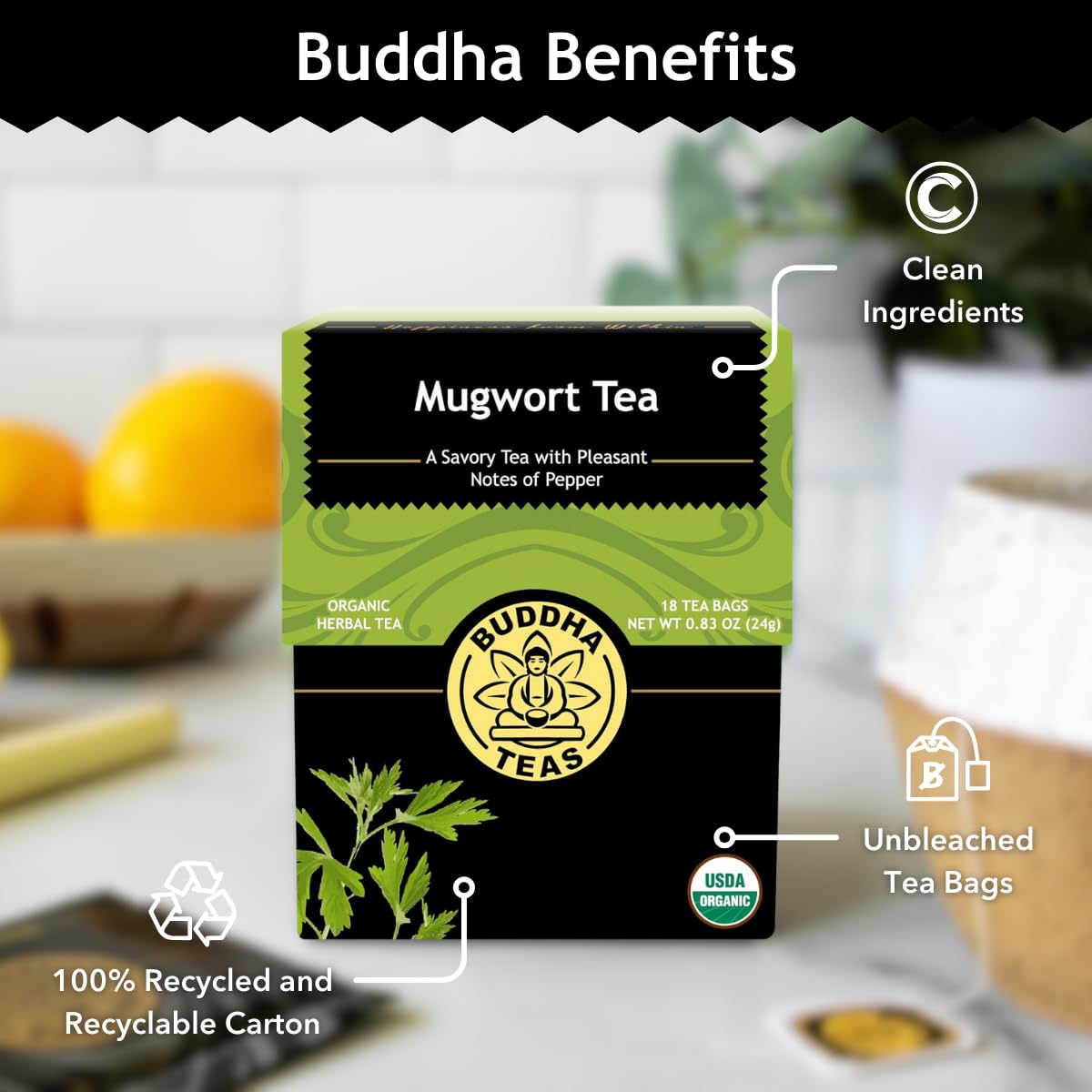 Buddha Teas pouring hot water over tea bag illustrating simple brewing