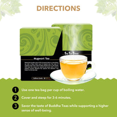 Buddha Teas steeped mugwort cup top view showing clear pale-golden color