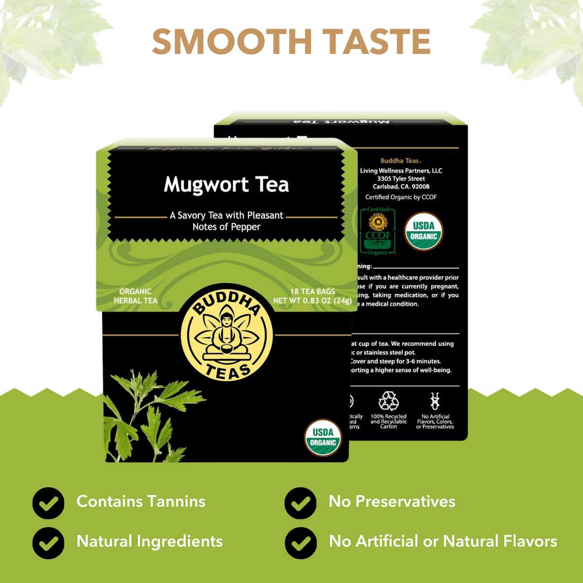 Buddha Teas mugwort tea bag close-up showing fine filter and convenience