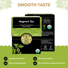 Buddha Teas mugwort tea bag close-up showing fine filter and convenience