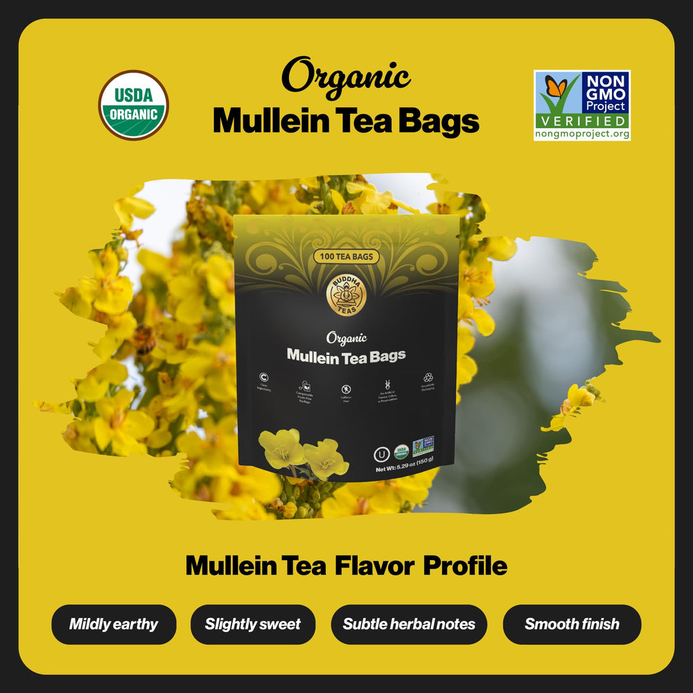 Buddha Teas brewed cup with amber tea showing clear color and aroma