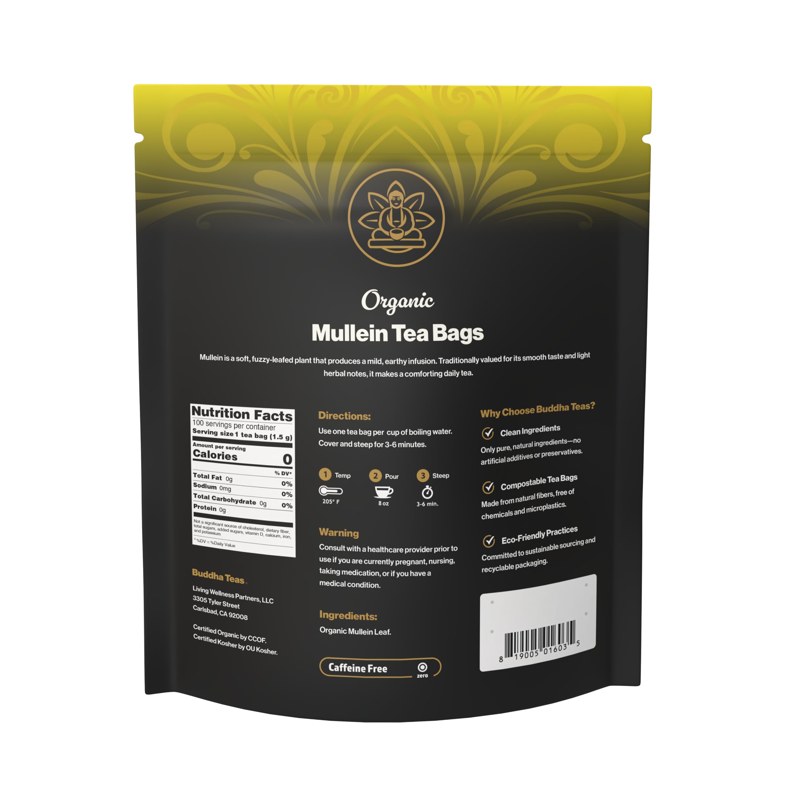 Buddha Teas label and certifications showing organic and kosher seals