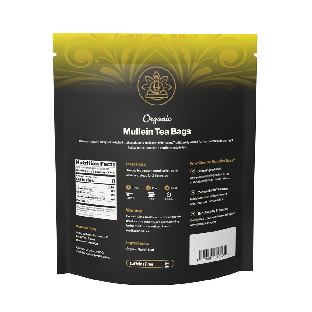Buddha Teas label and certifications showing organic and kosher seals