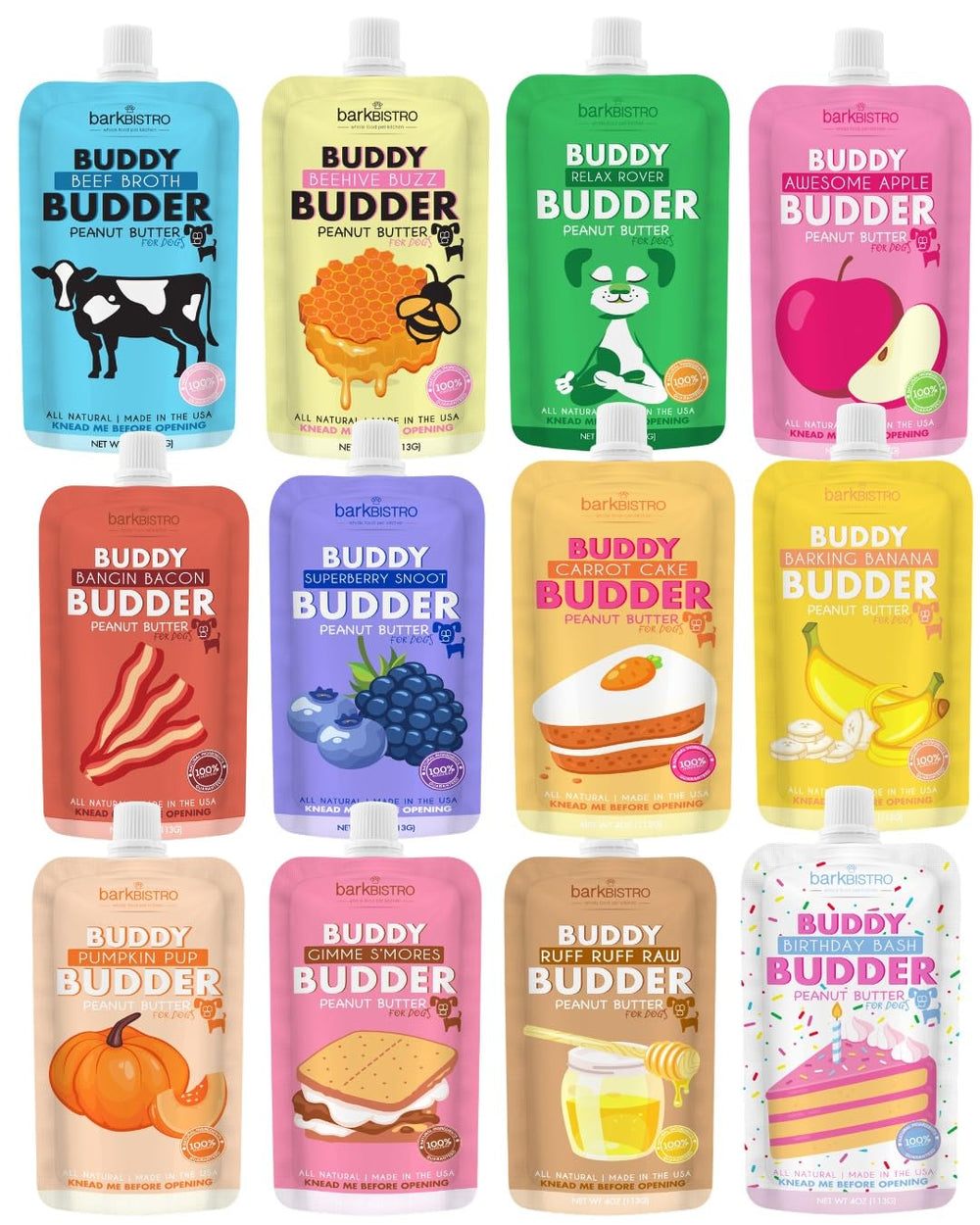 Buddy Budder front packaging showing 12 squeeze pouches and benefits