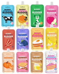 Buddy Budder front packaging showing 12 squeeze pouches and benefits