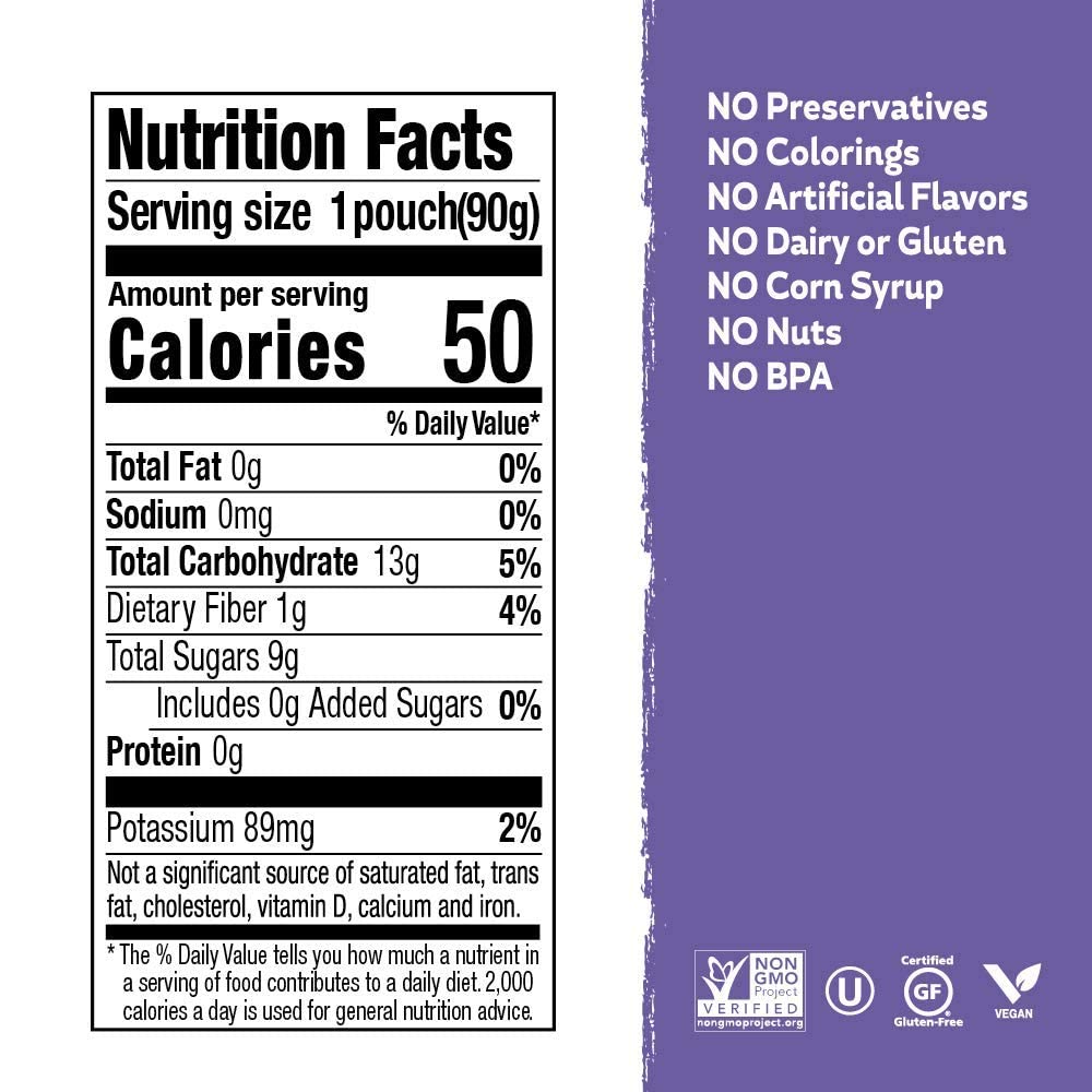 Buddy Fruits product labels highlighting non-GMO, gluten-free, nut-free, and kosher benefits