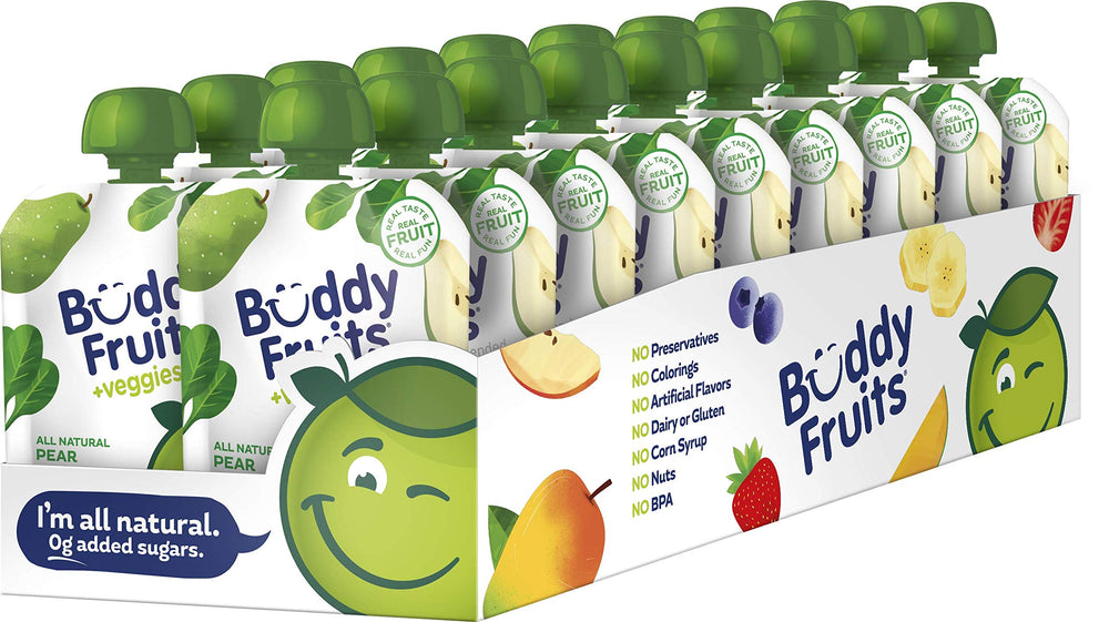 Buddy Fruits front packaging showing pear spinach pouch and product benefit convenience