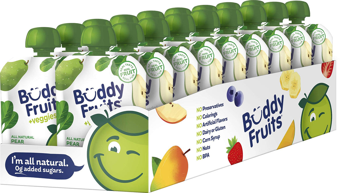 Buddy Fruits front packaging showing pear spinach pouch and product benefit convenience