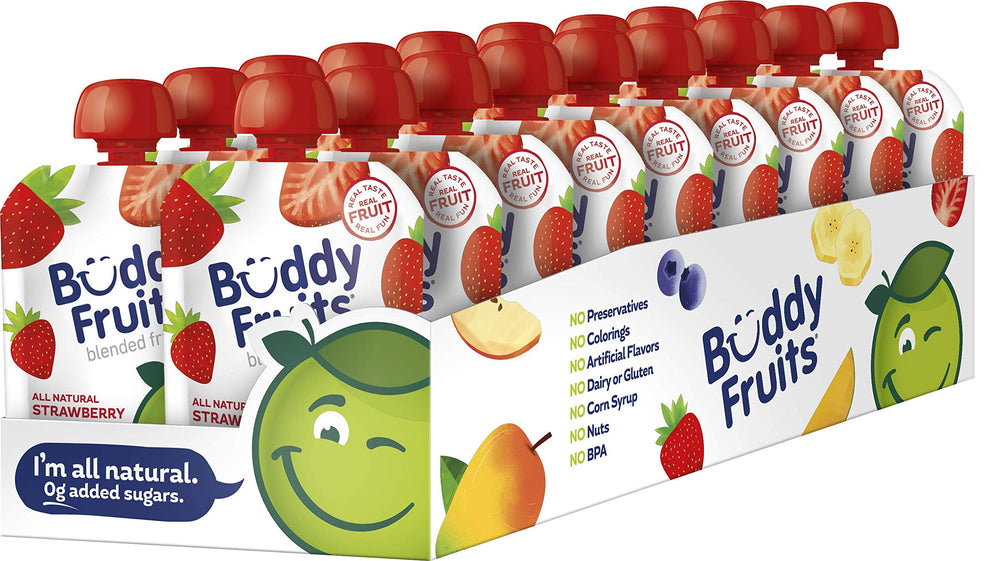 Buddy Fruits front packaging showing strawberry applesauce pouches for easy snacking