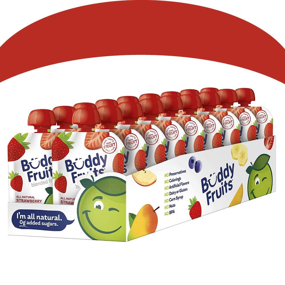 Buddy Fruits fresh apples and strawberries next to pouch showing real fruit ingredients