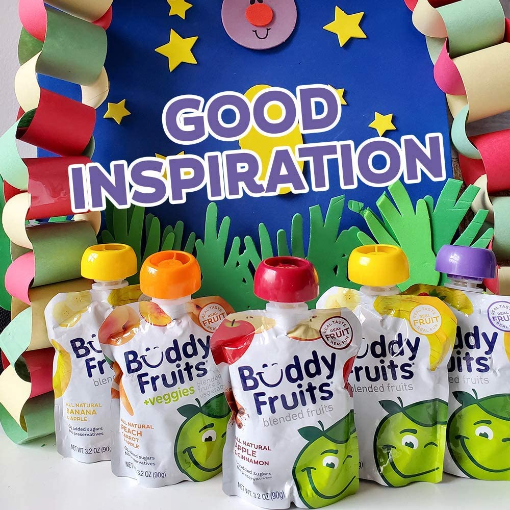 Buddy Fruits pouches arranged in a child's lunchbox illustrating school-ready convenience