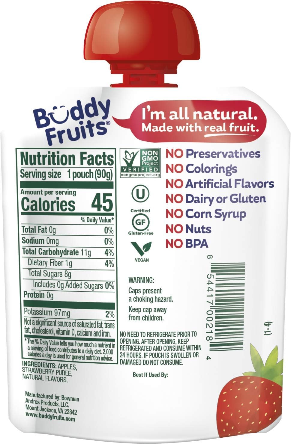 Buddy Fruits pouch close-up with nozzle cap highlighting spill-free convenience