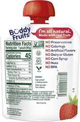 Buddy Fruits pouch close-up with nozzle cap highlighting spill-free convenience