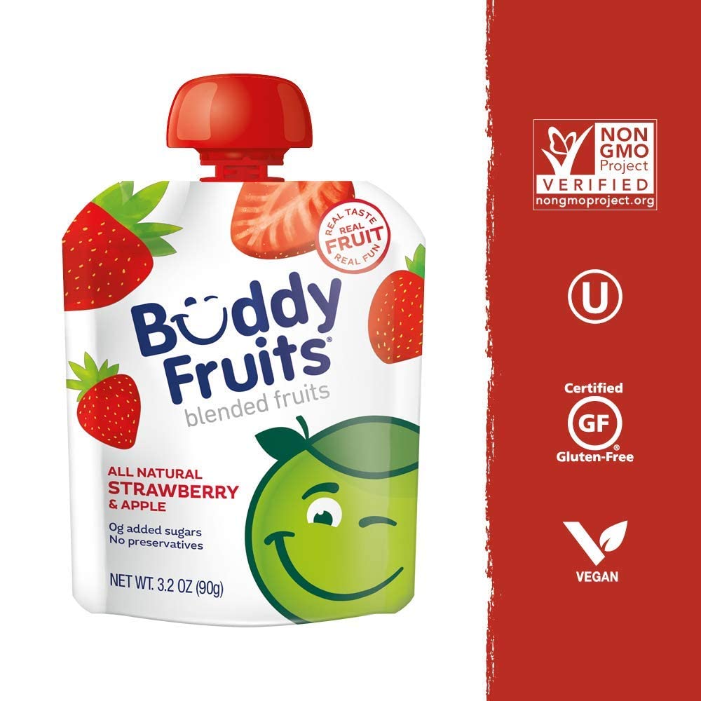 Buddy Fruits pouch close-up texture displaying smooth unsweetened applesauce for wholesome snacking