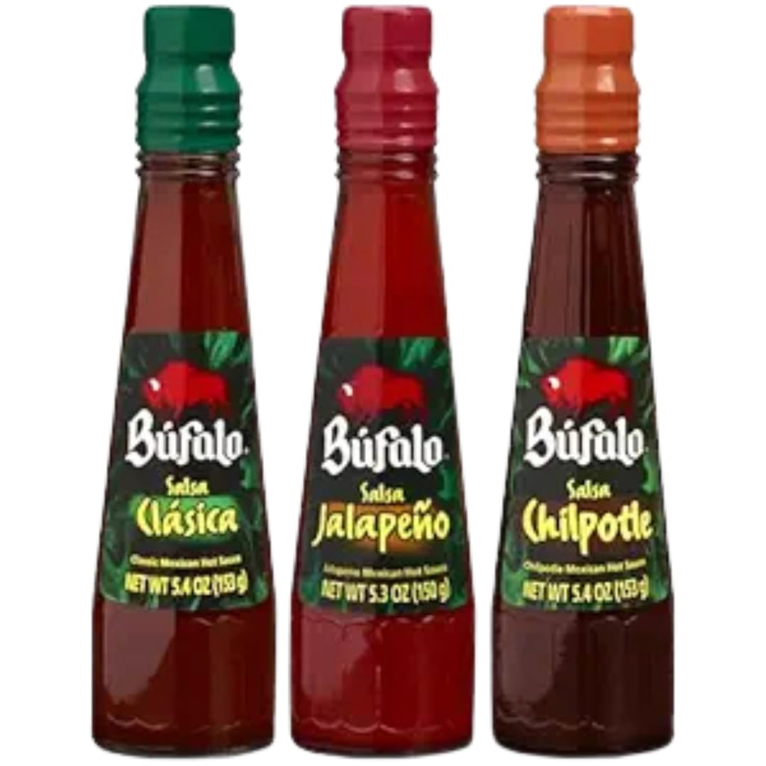 Bufalo salsa set packaging front showing three 5.3 oz bottles and convenience