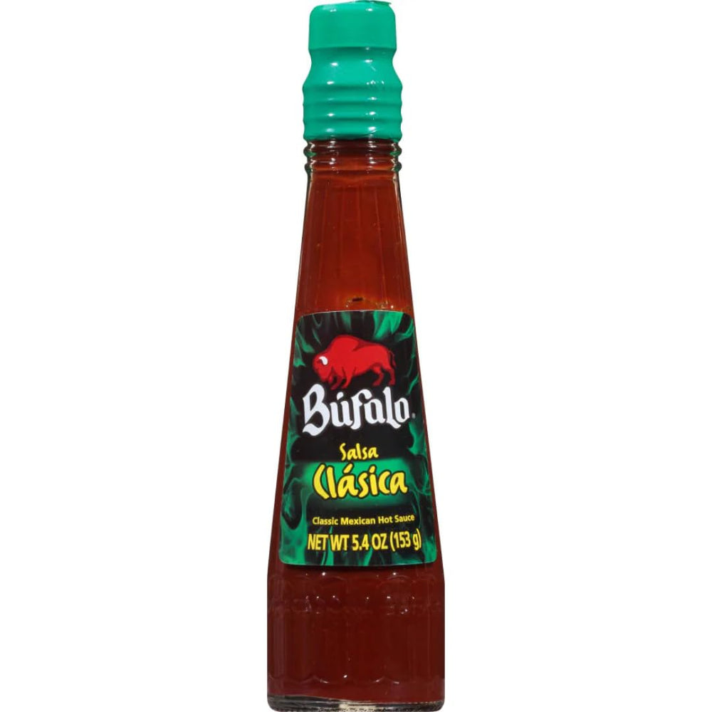 Bufalo sauce bottles next to common items to show compact 5.3 oz size