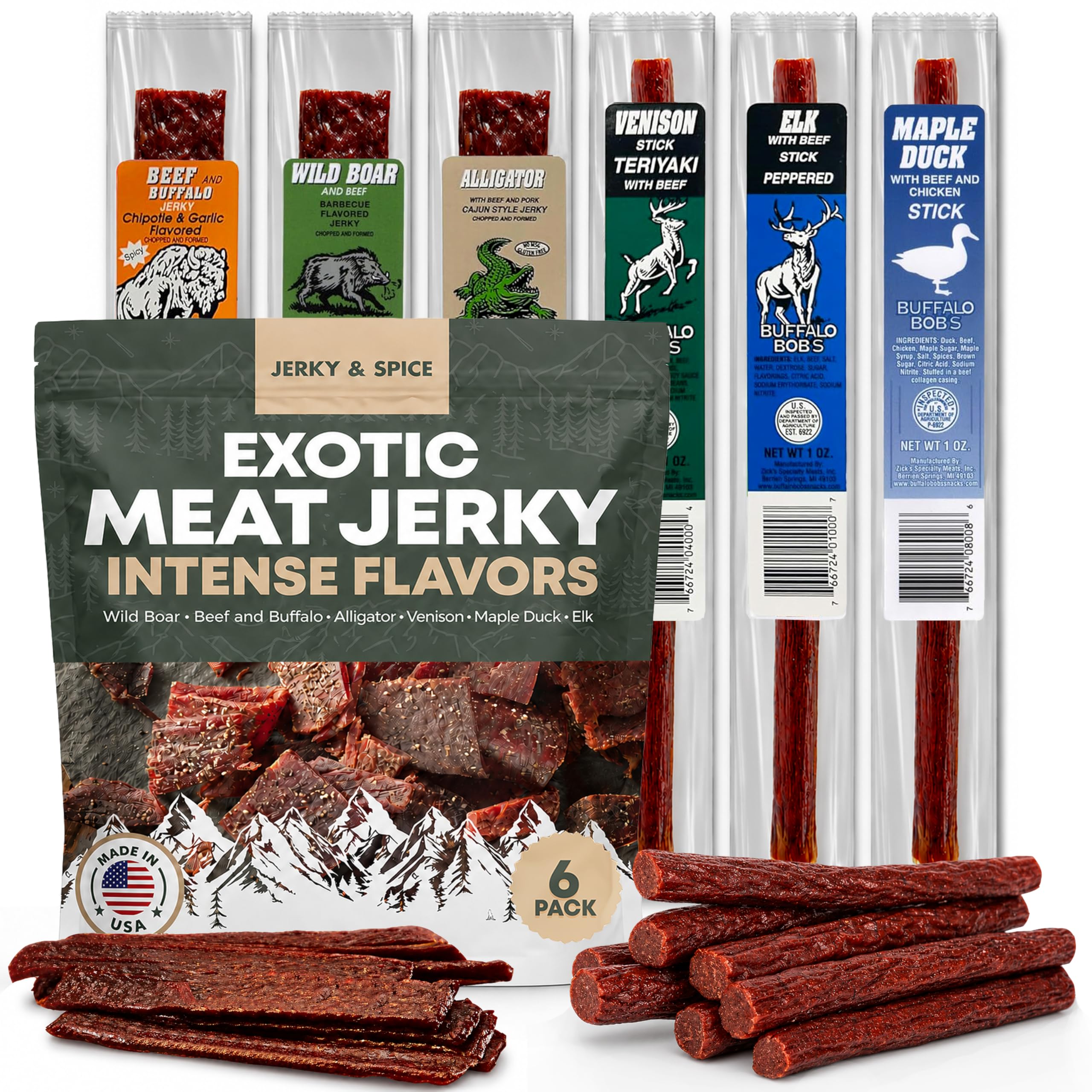 Jerky-n-Spice Buffalo Bob's front packaging showing six wrapped exotic sticks