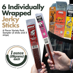 Jerky-n-Spice Buffalo Bob's individually wrapped sticks demonstrating portability