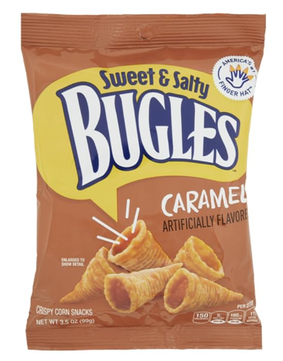 Bugles front packaging showing caramel-coated cones and portion convenience