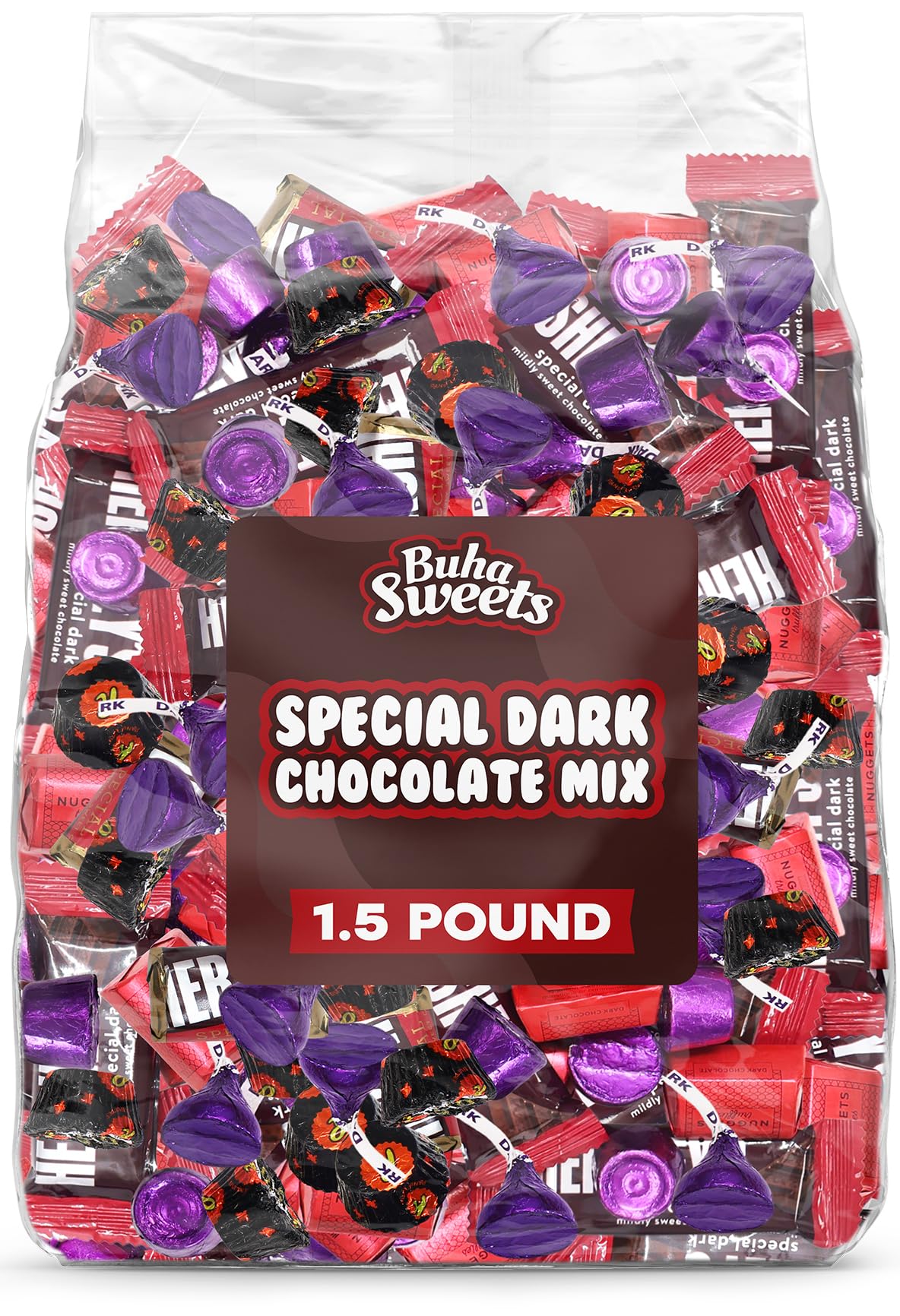 Buha Sweets front packaging view showing individually wrapped dark chocolates and portion benefit