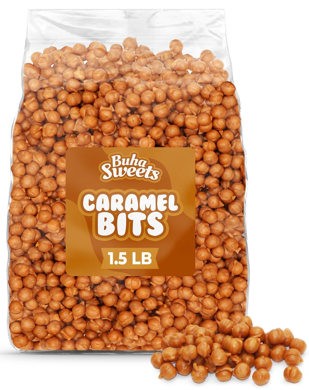 Buha Sweets front bag of 24 oz caramel bits showing packaging and convenience