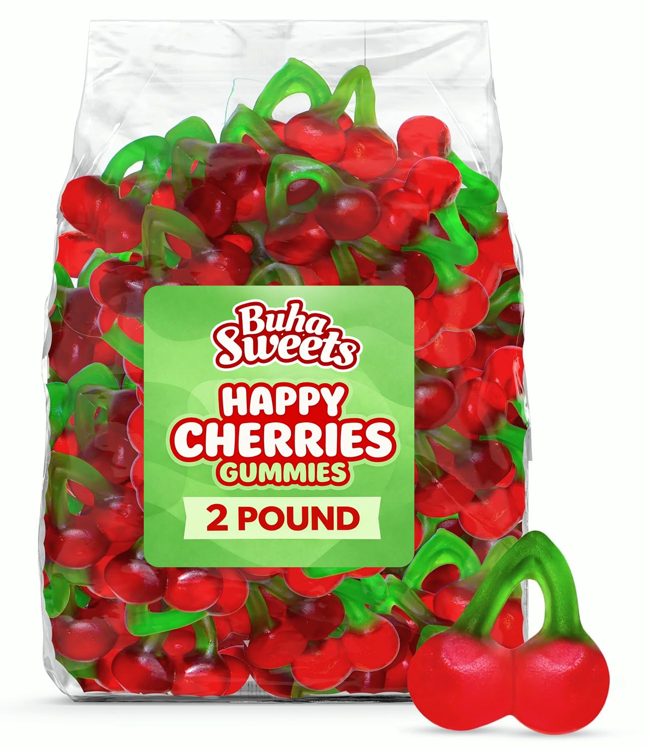 Buha Sweets front packaging showing 2 lb bulk bag and bright cherry gummies, easy party refill