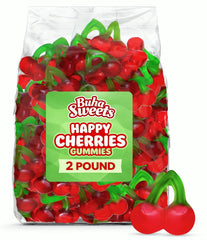 Buha Sweets front packaging showing 2 lb bulk bag and bright cherry gummies, easy party refill